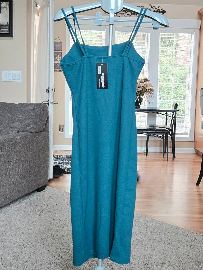 Nwt Zeagoo Sz Med Teal Slim Fit Button Front Accented Spaghetti Strap Dress — image 3 of 4